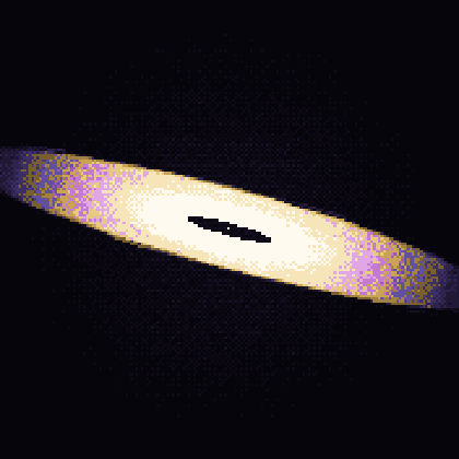 Generative pixel cosmology in motion: a near edge-on blade of gold and violet matter with a dark slit void at its centre.
