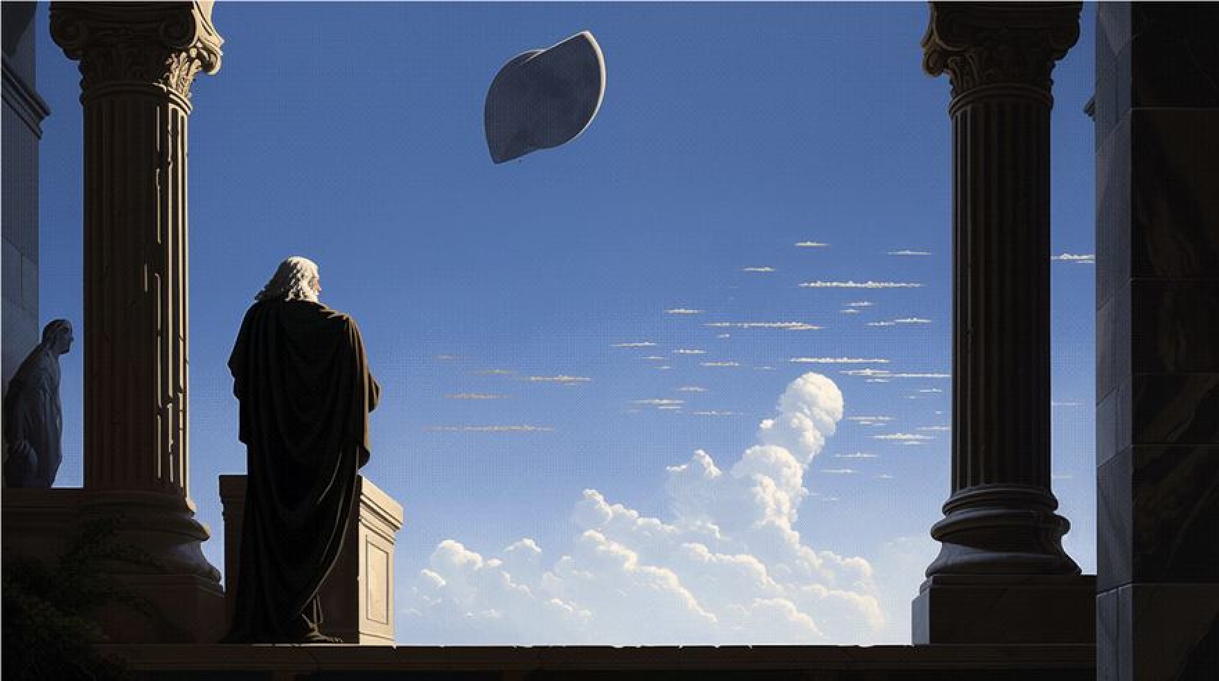 Pixel painting: a robed philosopher stands between two classical columns, looking out over a vast cloudscape, a pale monolith suspended in the sky.