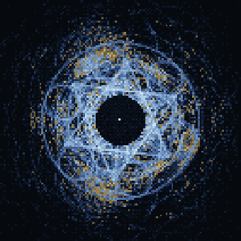 Generative pixel cosmology: Metatron's Cube drawn in pale blue over gold particles orbiting a large dark void.