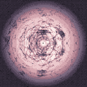 Generative pixel cosmology: rose and charcoal marks on a bone-coloured ground with two pale voids.