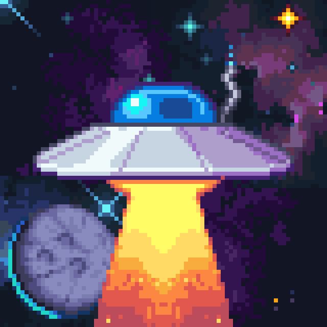 Pixel art: a flying saucer casting a golden beam over a purple starfield and moon.