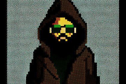 Pixlosopher avatar: a hooded pixel-art figure
