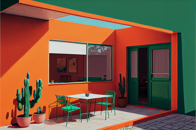 An orange and green modernist house exterior with cacti, table and chairs.