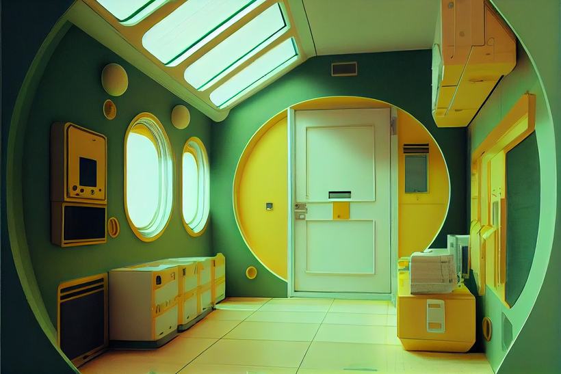 A green and yellow retro-futurist corridor with a rounded door and lockers.