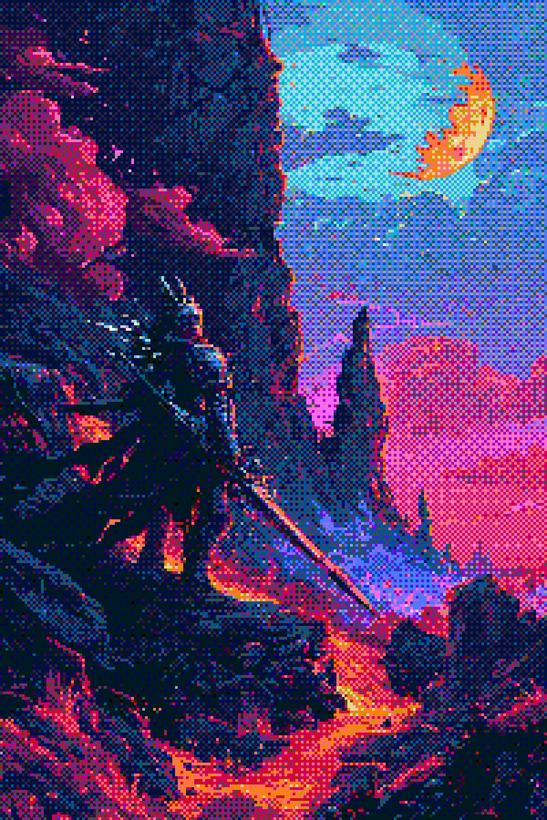 A canyon of magenta and violet rock split by rivers of glowing lava, crescent moon above.