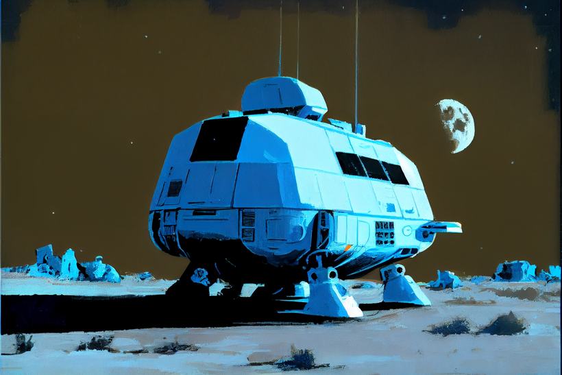 A blue crewed lander standing on pale icy terrain, a moon low in the sky.