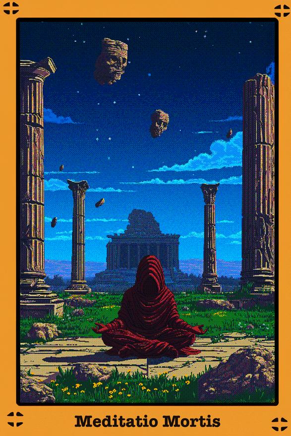 Pixel painting presented as a framed card titled Meditatio Mortis: a red-robed figure among ruins under a blue sky.