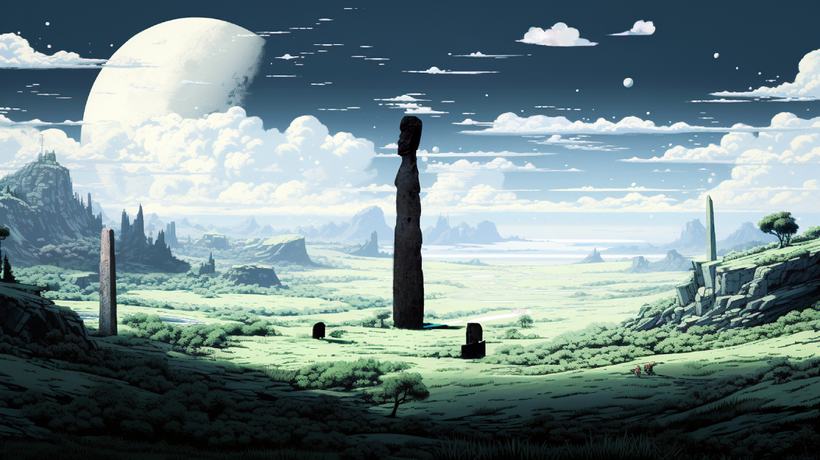 A dark monolith standing alone in a green plain beneath a large moon and clouds.