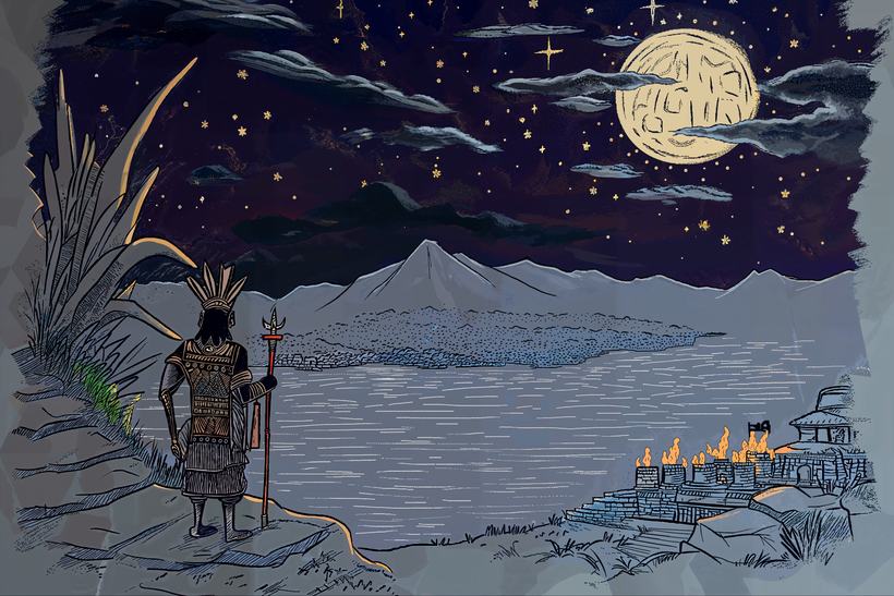 A figure holding a staff at night on a shore, a great moon above and distant fires.