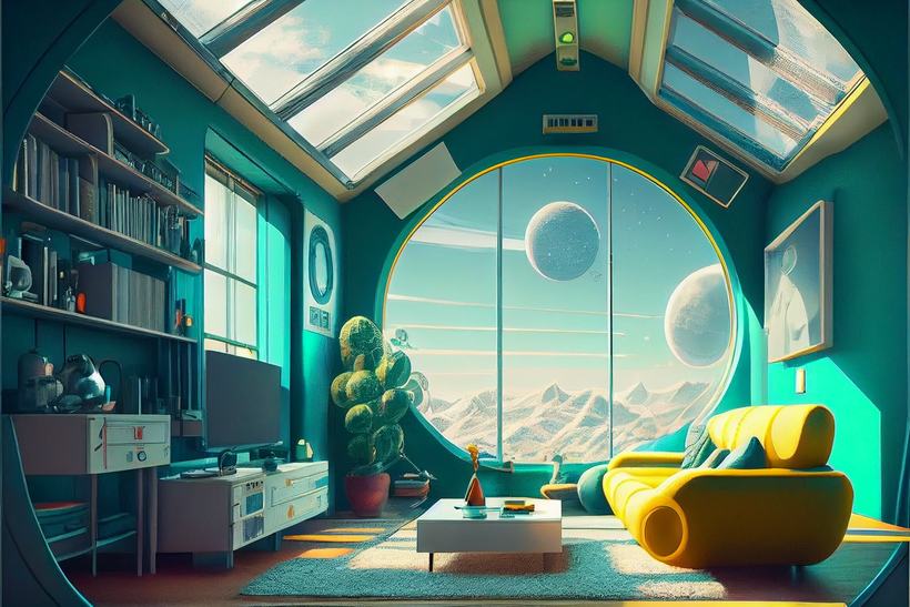 A teal retro-futurist lounge with a large round window onto mountains and a pale planet.
