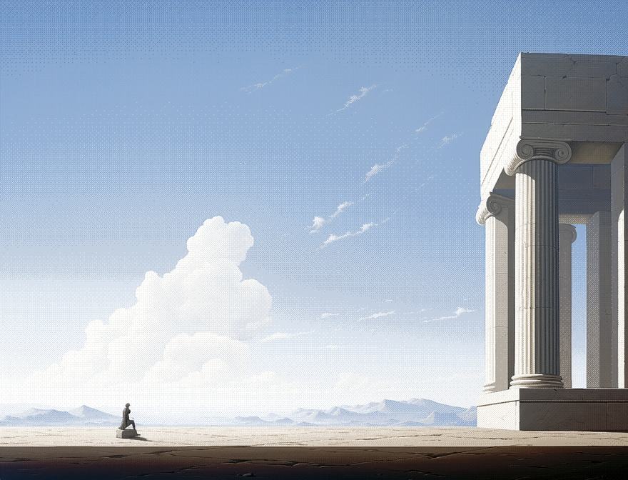 Pixel painting: a single classical column standing in a pale desert under an immense cloudy sky, one small seated figure at its base.