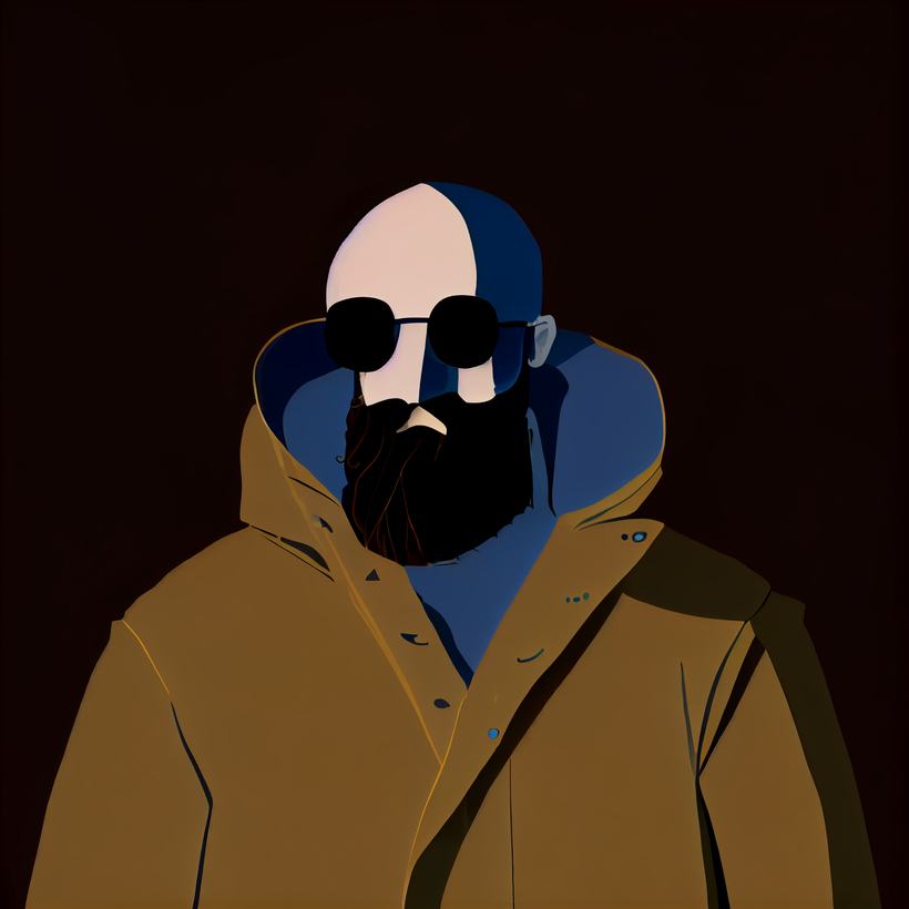 Flat illustration of a bearded figure in a gold coat against a dark ground.