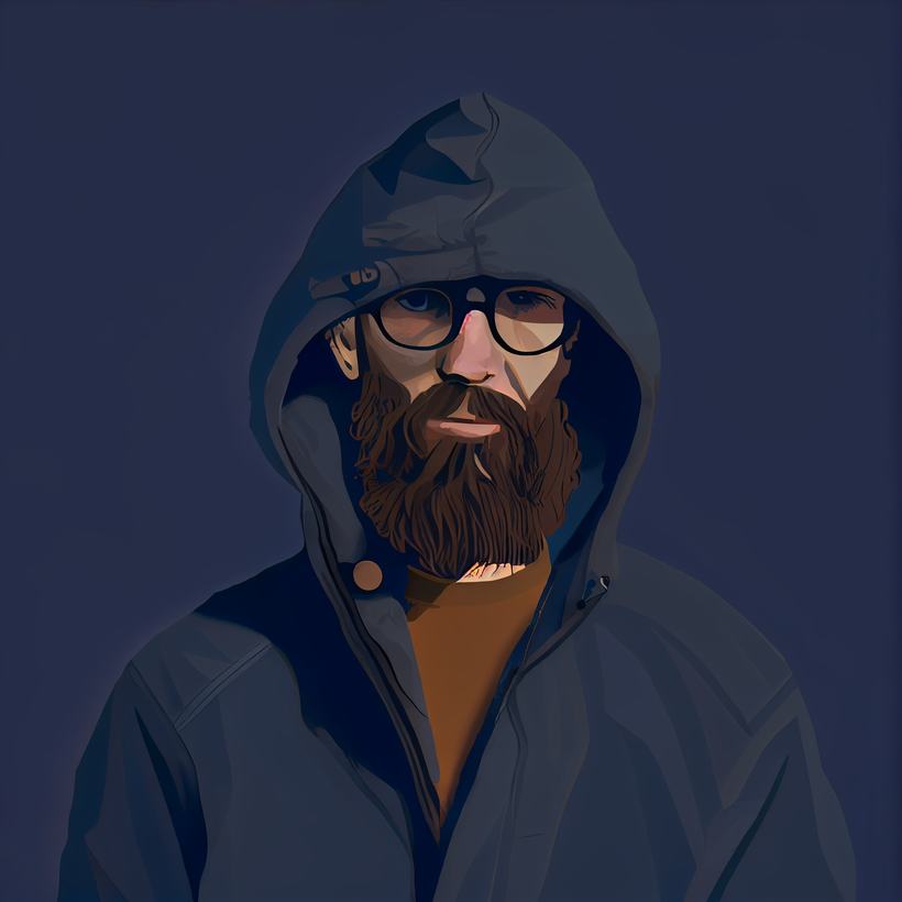 Flat illustration of a bearded figure in a blue hooded jacket and glasses.