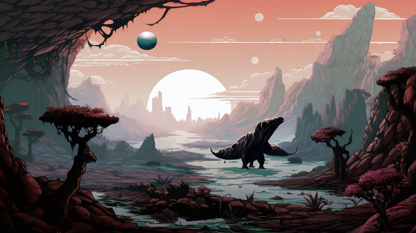An alien landscape of red trees and rock arches, a pale sphere low on the horizon.