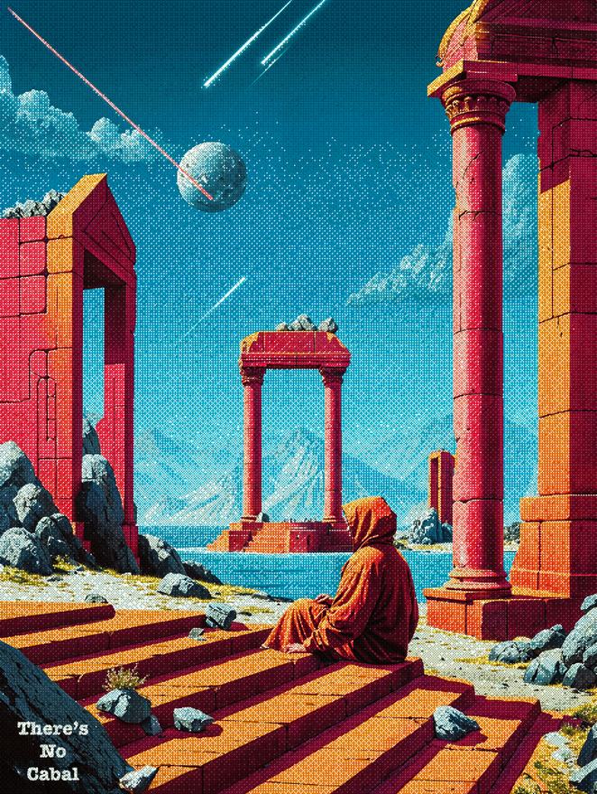 Pixel painting: a robed figure seated on red steps between classical columns, a planet and comet in the sky above.