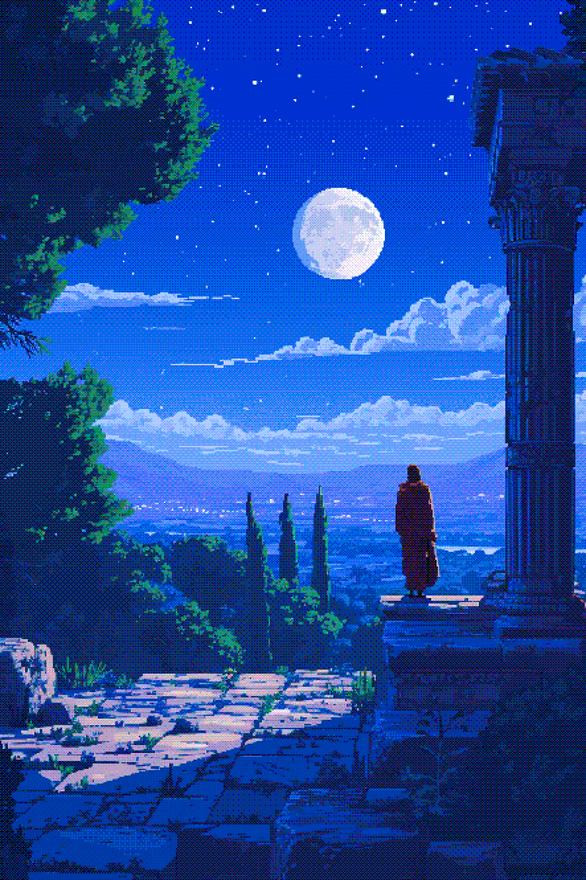 Pixel painting: a robed figure standing among moonlit classical ruins, cypress trees and a full moon over a deep blue night sky.