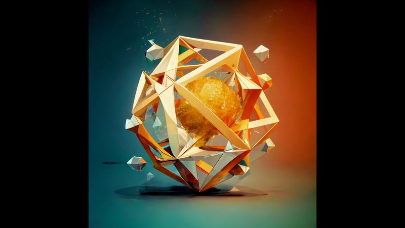 A faceted golden icosahedron shattering against a teal and orange ground.