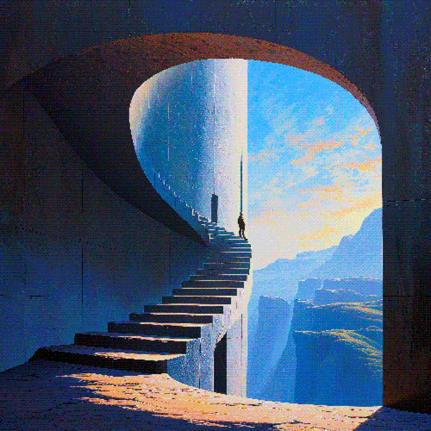 Pixel painting: a spiral stone staircase inside a curved architectural void opening onto mountains and sky.