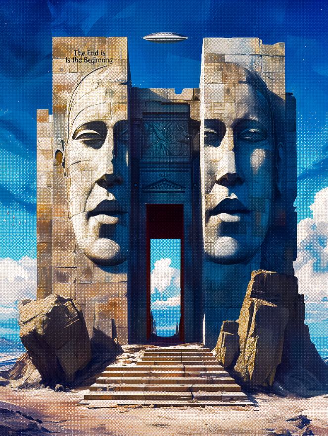 Pixel painting: two colossal carved stone faces flanking a doorway at the top of a stair, blue sky behind.