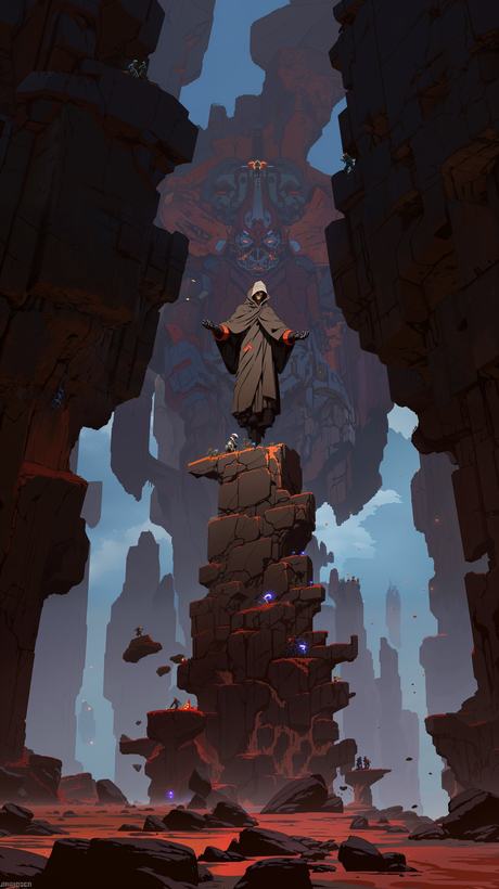 A carved idol standing in a narrow dark canyon lit from behind.