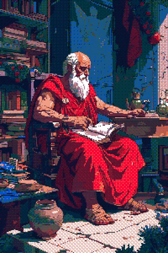 Pixel painting: an elderly scholar in red robes reading among books, scrolls and pottery in a dim interior.