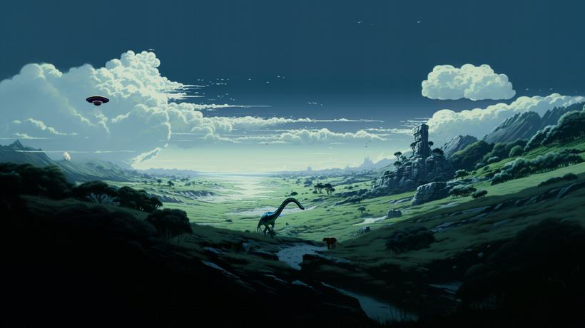 A misty green valley with a distant long-necked creature under drifting cloud.